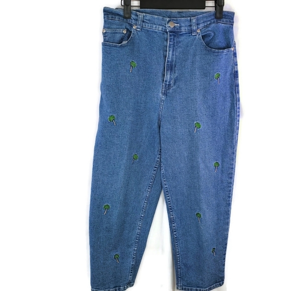 Quacker Factory Crop Blue Denim Jeans Palm Trees Embroidered High Waist Size 12 - Picture 6 of 8